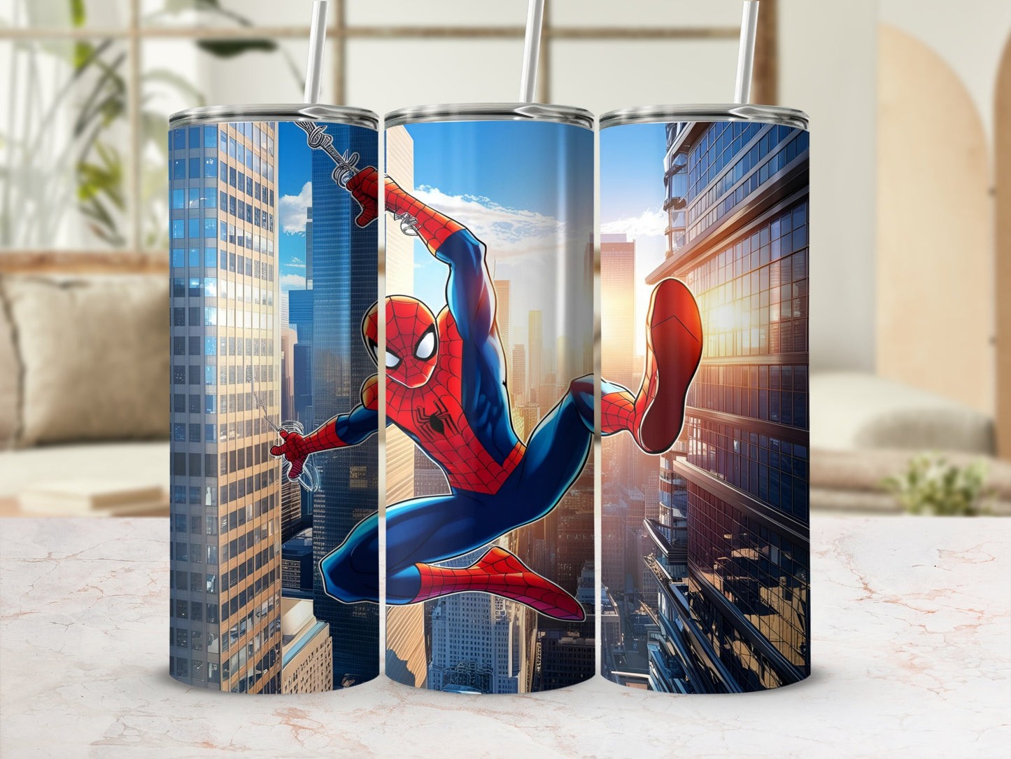 Spider-Man swinging through a city skyline on a tumbler.