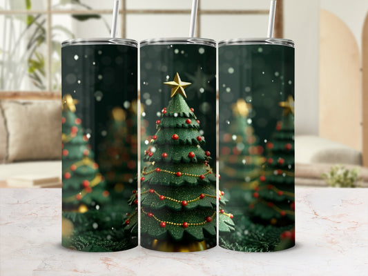 Green Christmas tree tumbler with gold star and red ornaments.