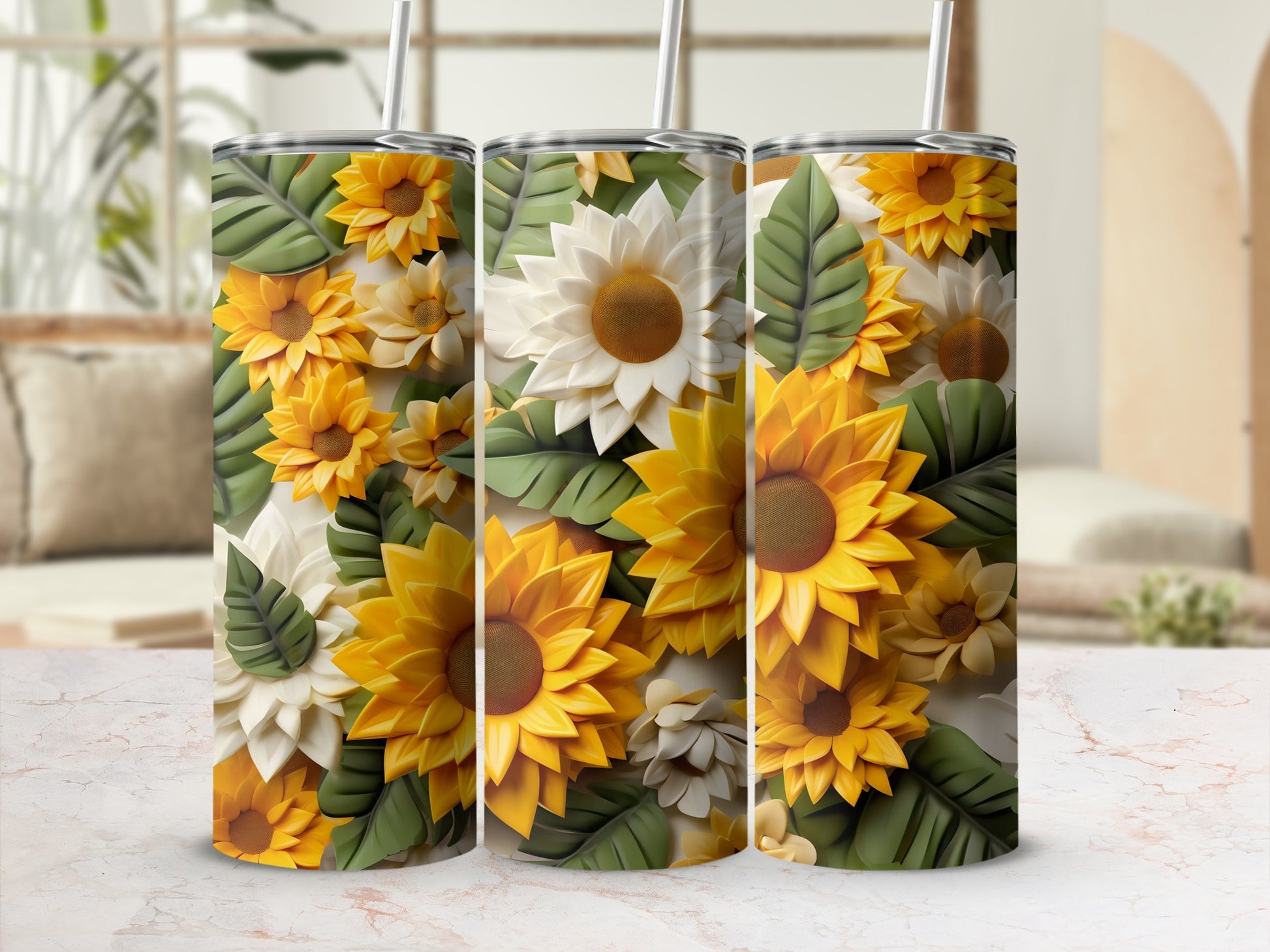 Sunflower and Leaves Pattern Insulated Tumbler
