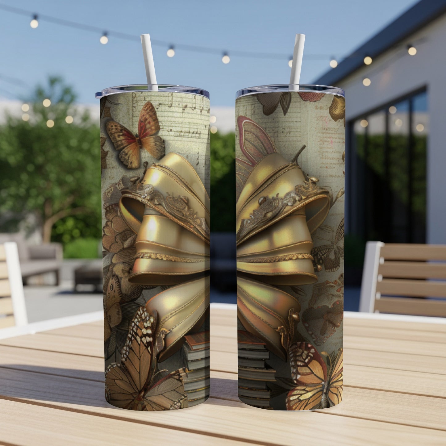 Gold bow with butterflies and musical notes on a tumbler.