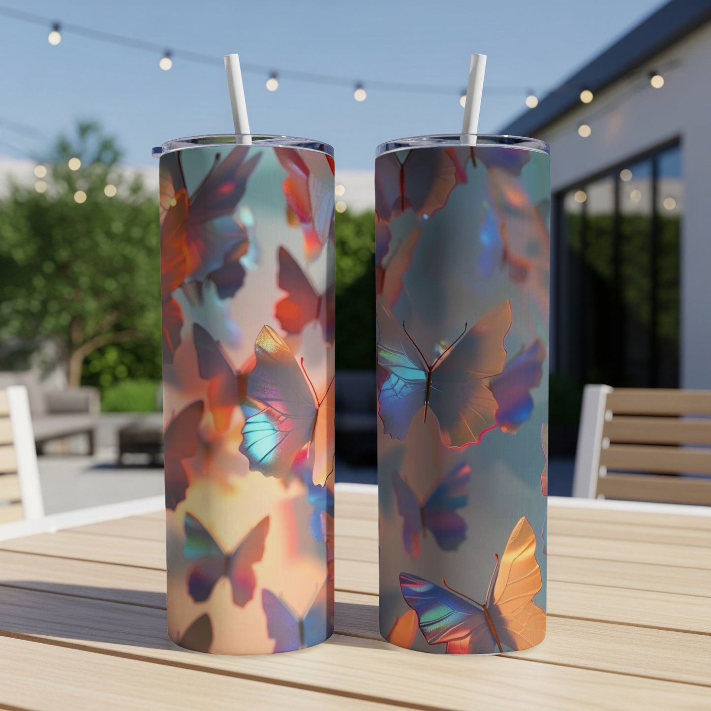 Two tumblers with colorful butterfly designs sit on a table outdoors.