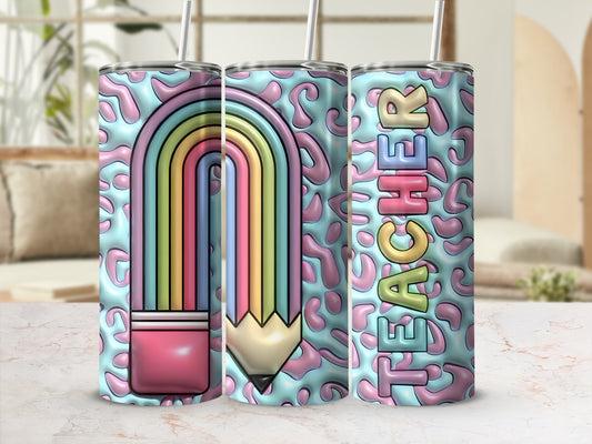 Rainbow pencil design on a leopard print tumbler with "Teacher" text.