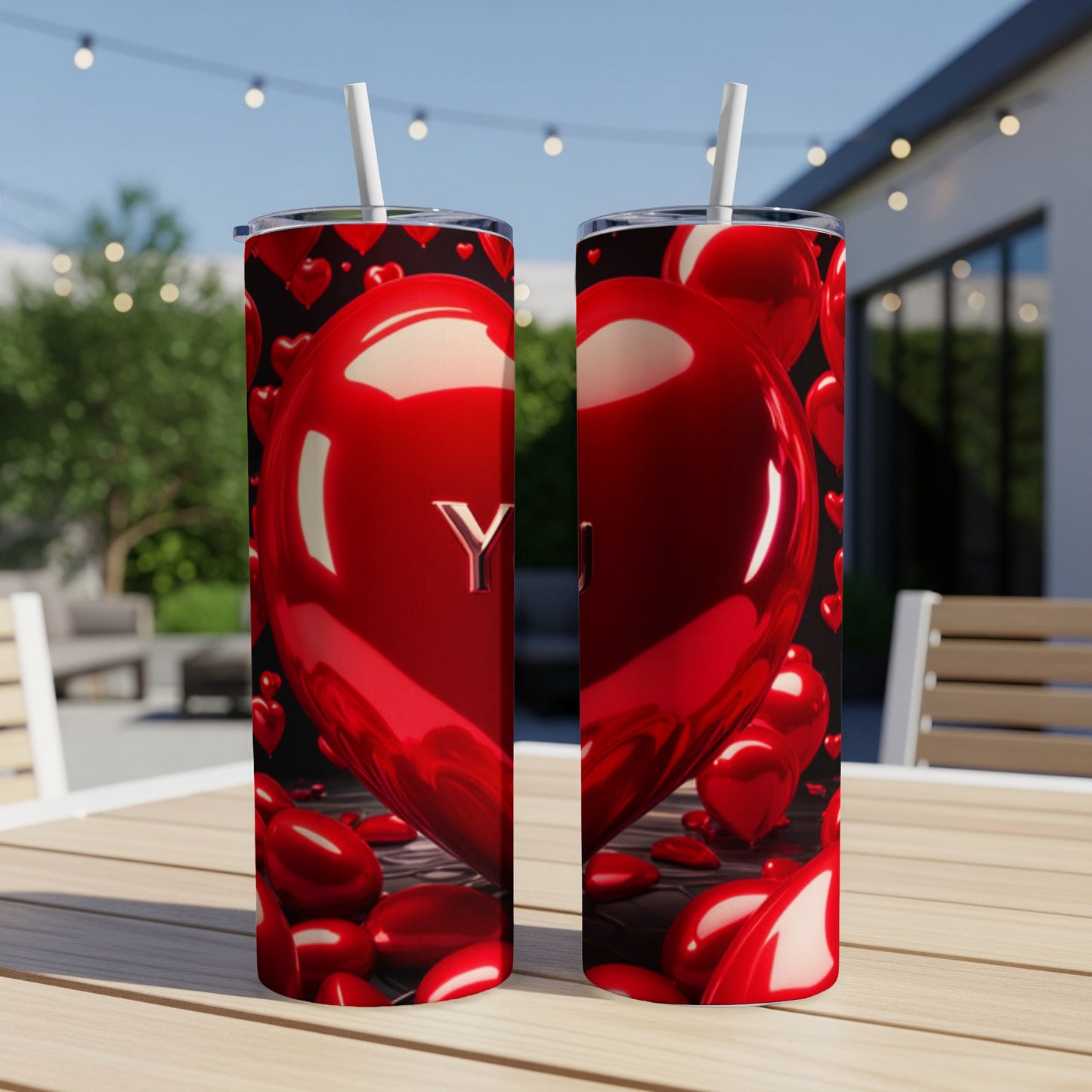 Two tumblers with red heart balloons and "You" text.