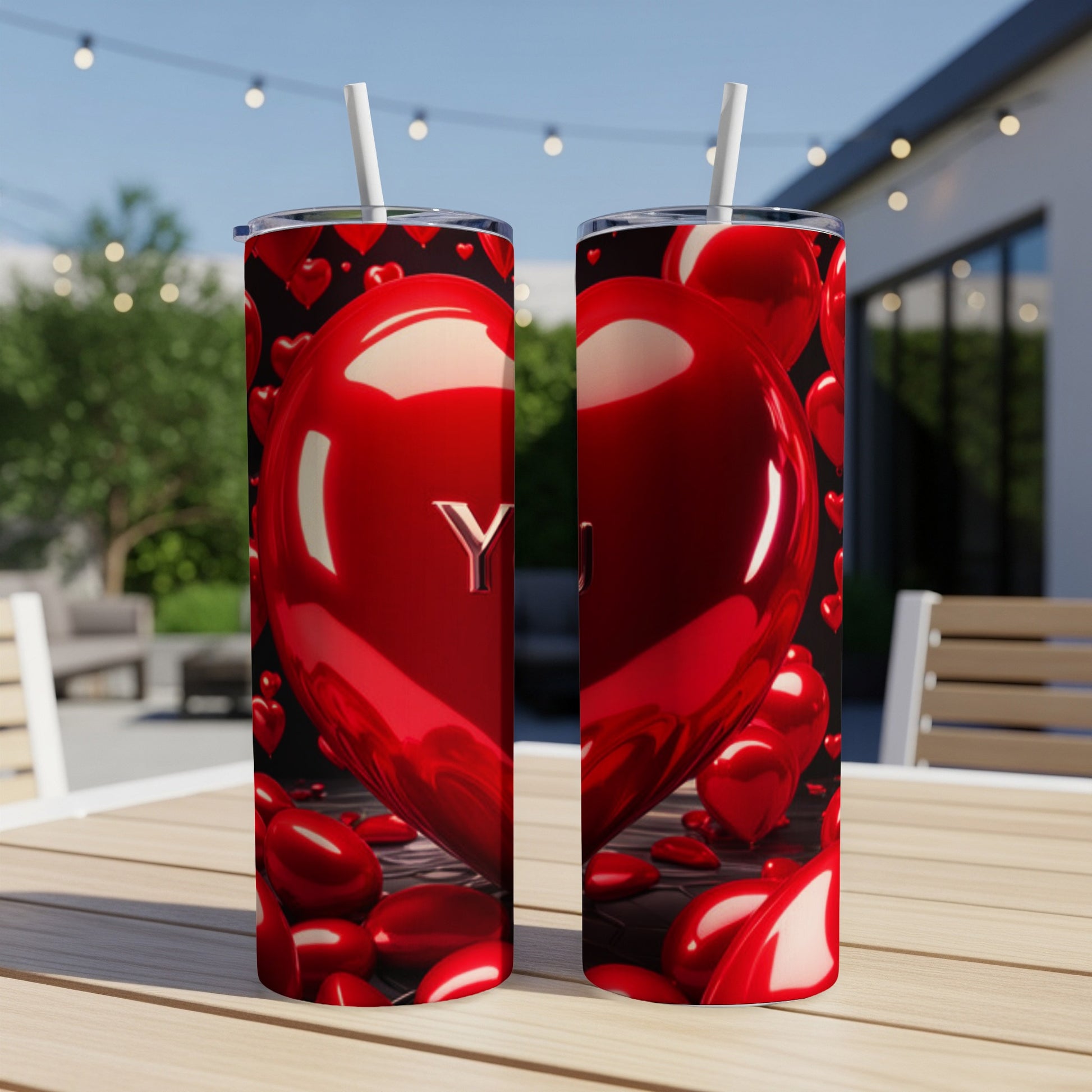 Two tumblers with red heart balloons and "You" text.
