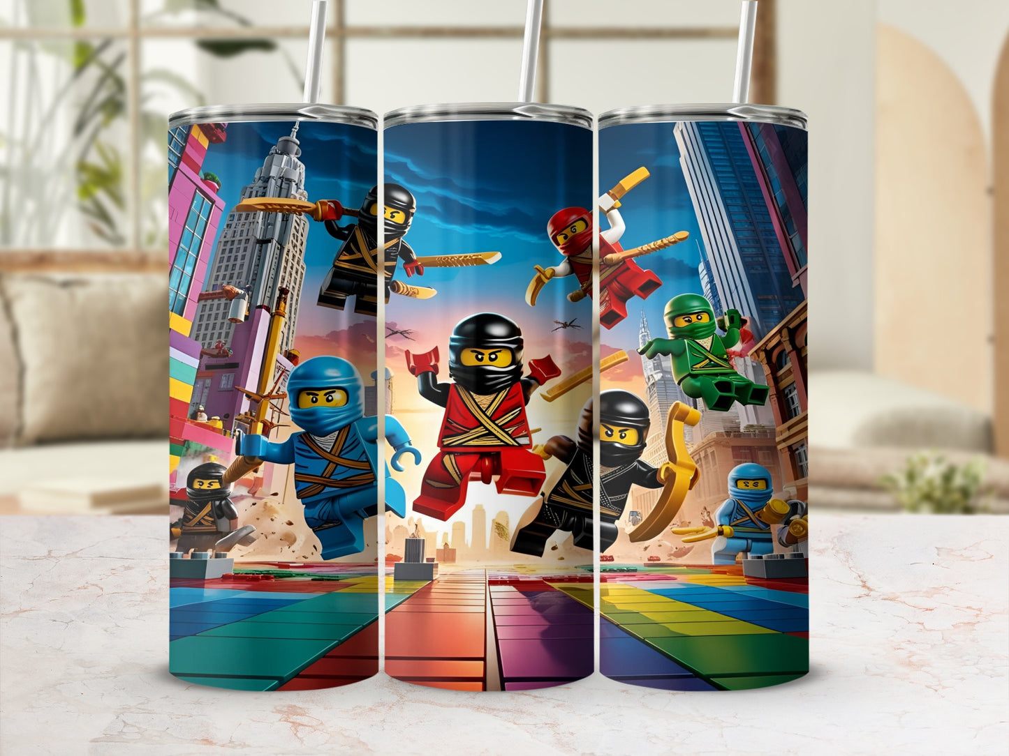 Three Ninjago character tumblers with colorful city background.
