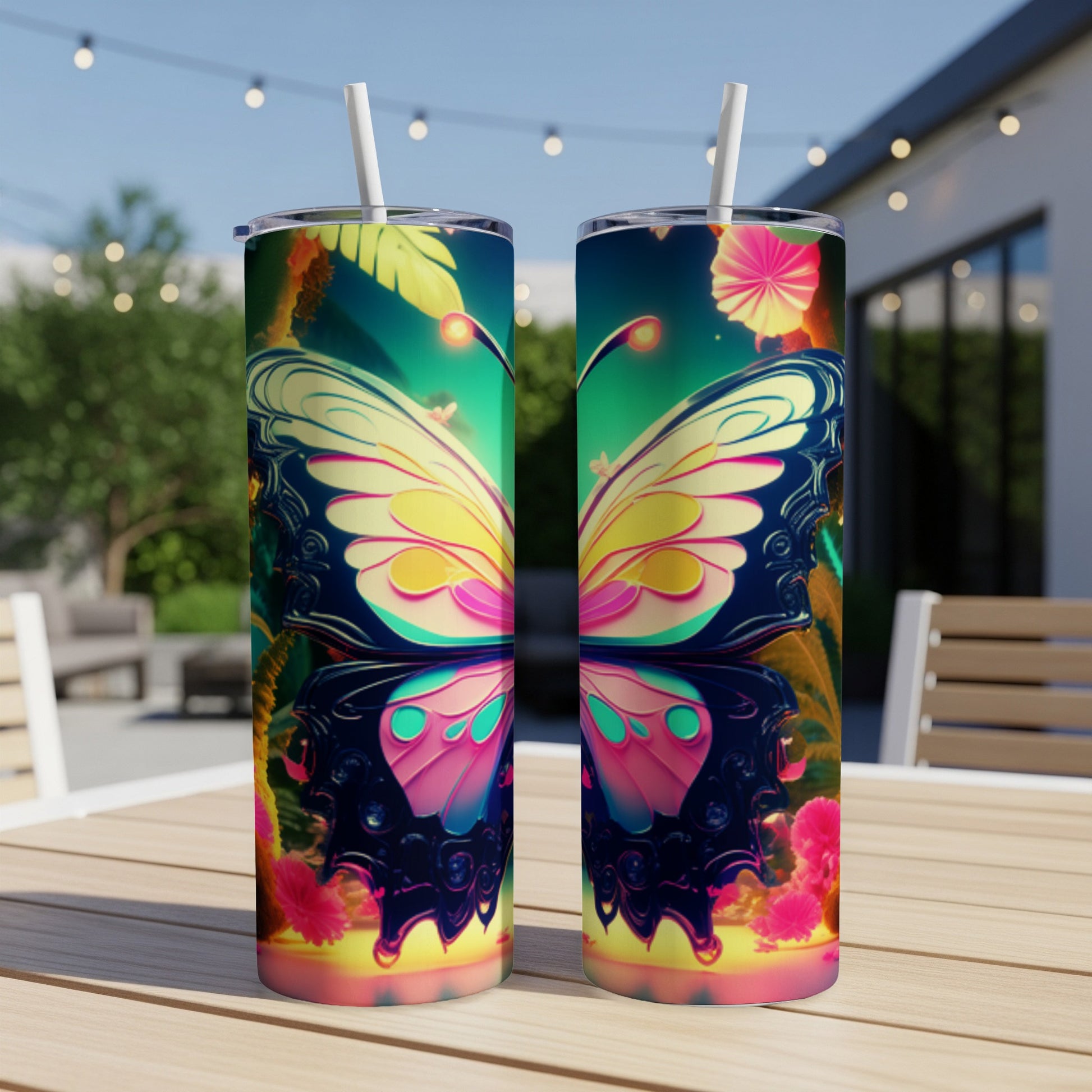 Two tall tumblers with iridescent butterfly and floral designs.