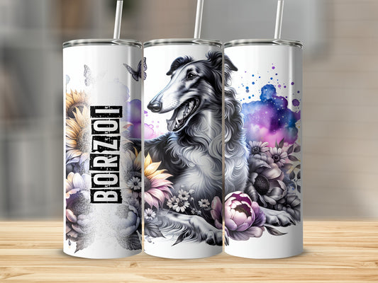 Borzoi dog with sunflowers and watercolor floral accents.