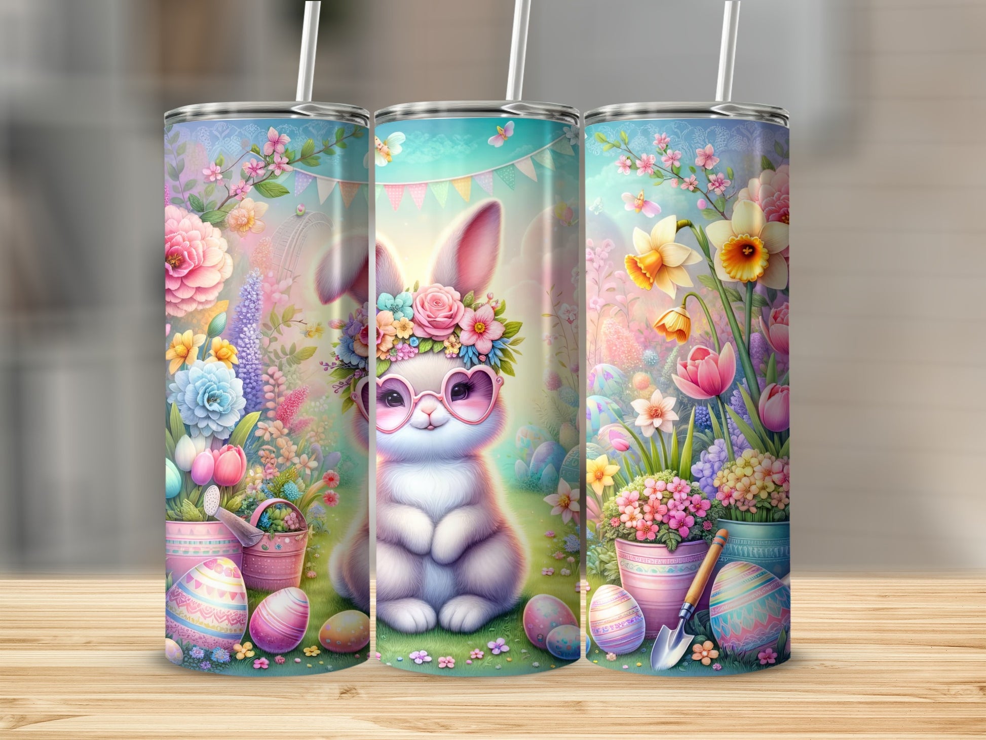 Easter bunny wearing heart glasses surrounded by flowers and Easter eggs.