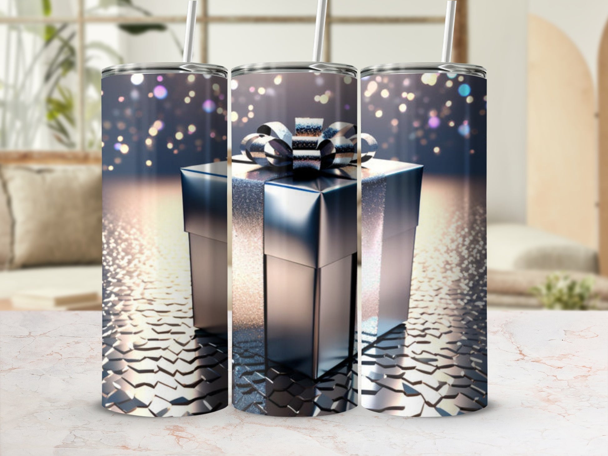 Gift wrapped in metallic paper and ribbon on a textured surface.