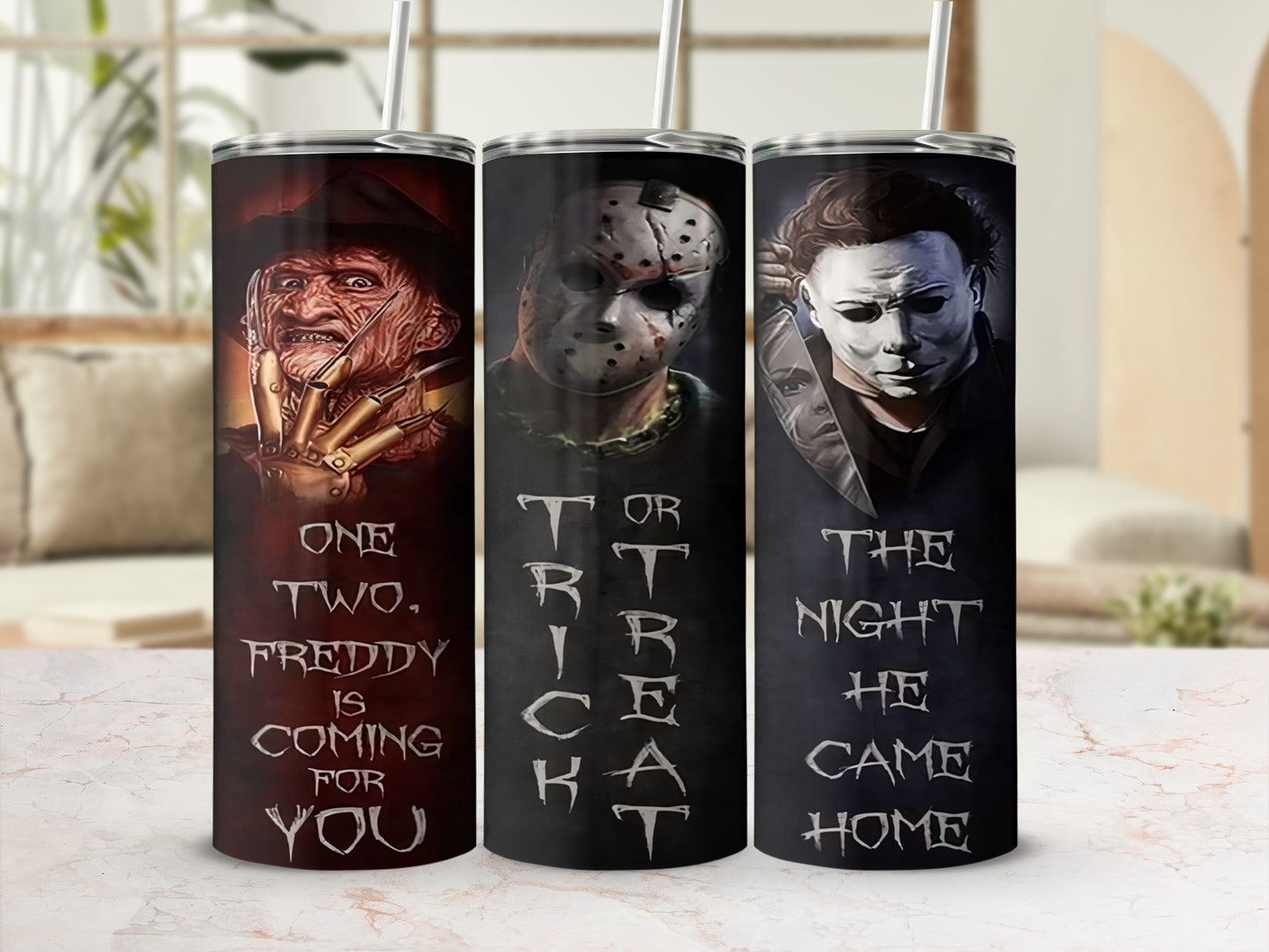 Three Halloween villains Freddy, Jason, and Michael Myers on tumblers.