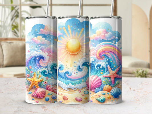 Three tumblers with a beach, ocean wave, and sun design.