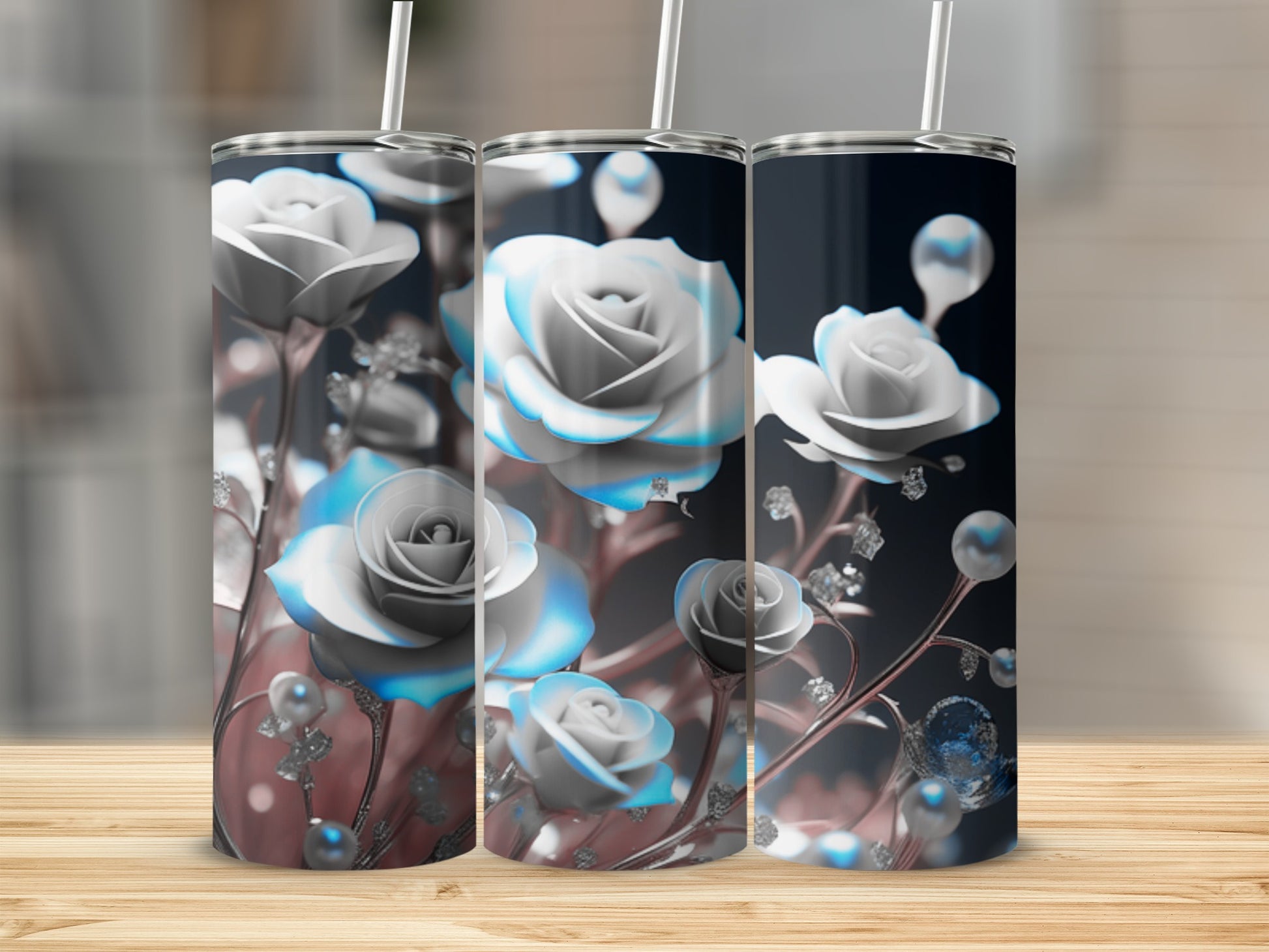 Three tumblers with a blue and white rose floral design.
