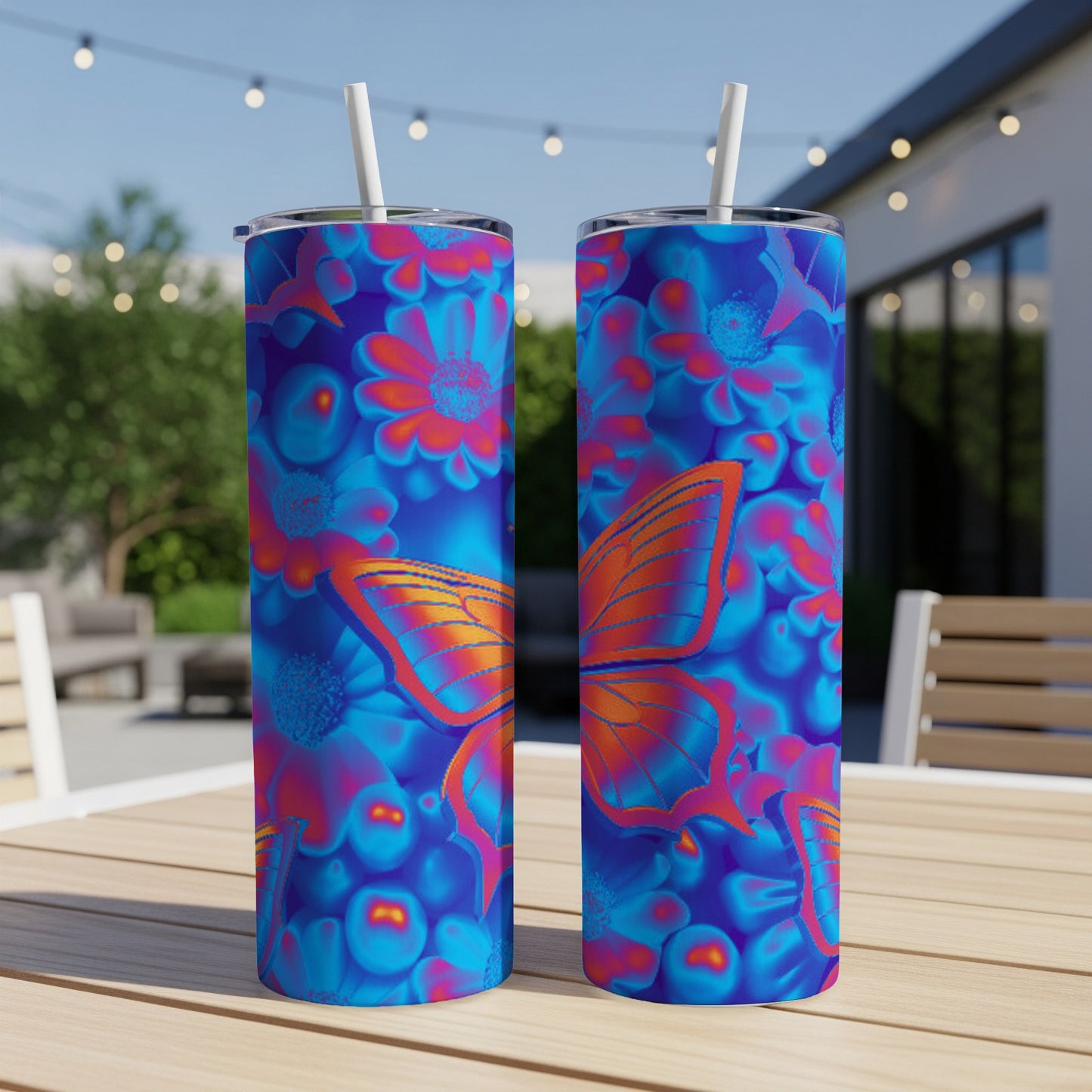 Two tall blue tumblers with orange butterfly and floral pattern.