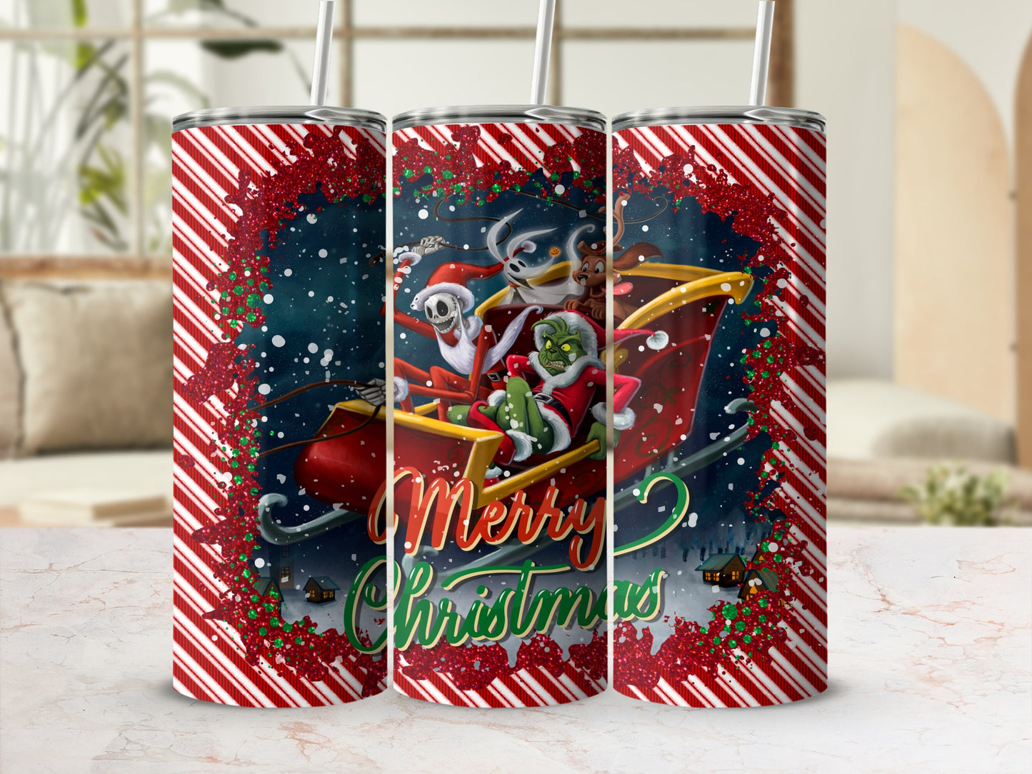 The Grinch and Max in a sleigh with "Merry Christmas" text.
