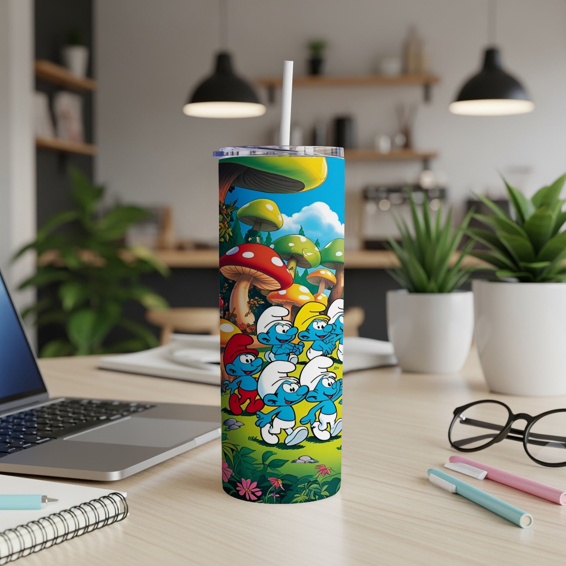 Smurfs walking through mushroom forest on a blue and green tumbler.