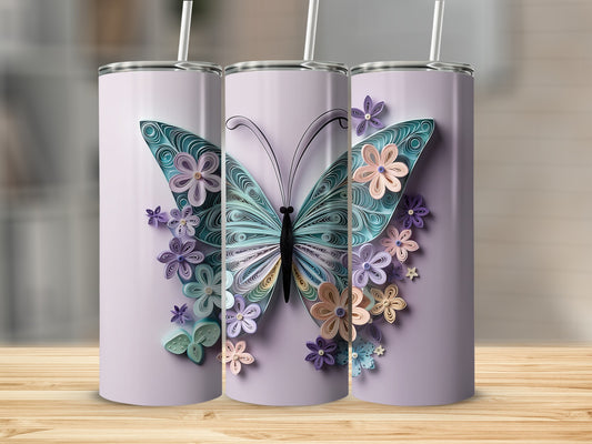 Purple tumbler featuring a detailed teal butterfly with floral accents.