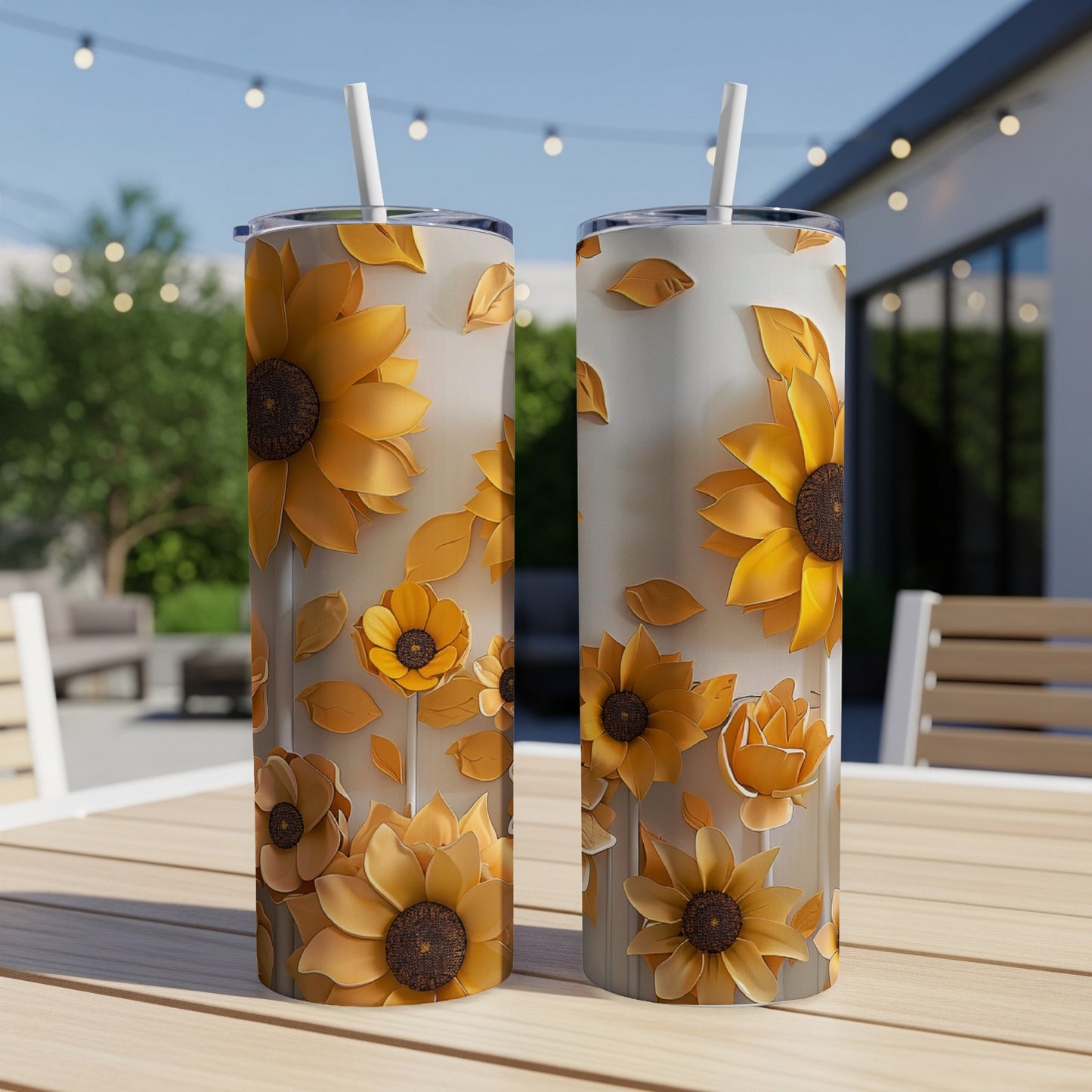 Two tall tumblers with sunflowers and leaves design on a table.