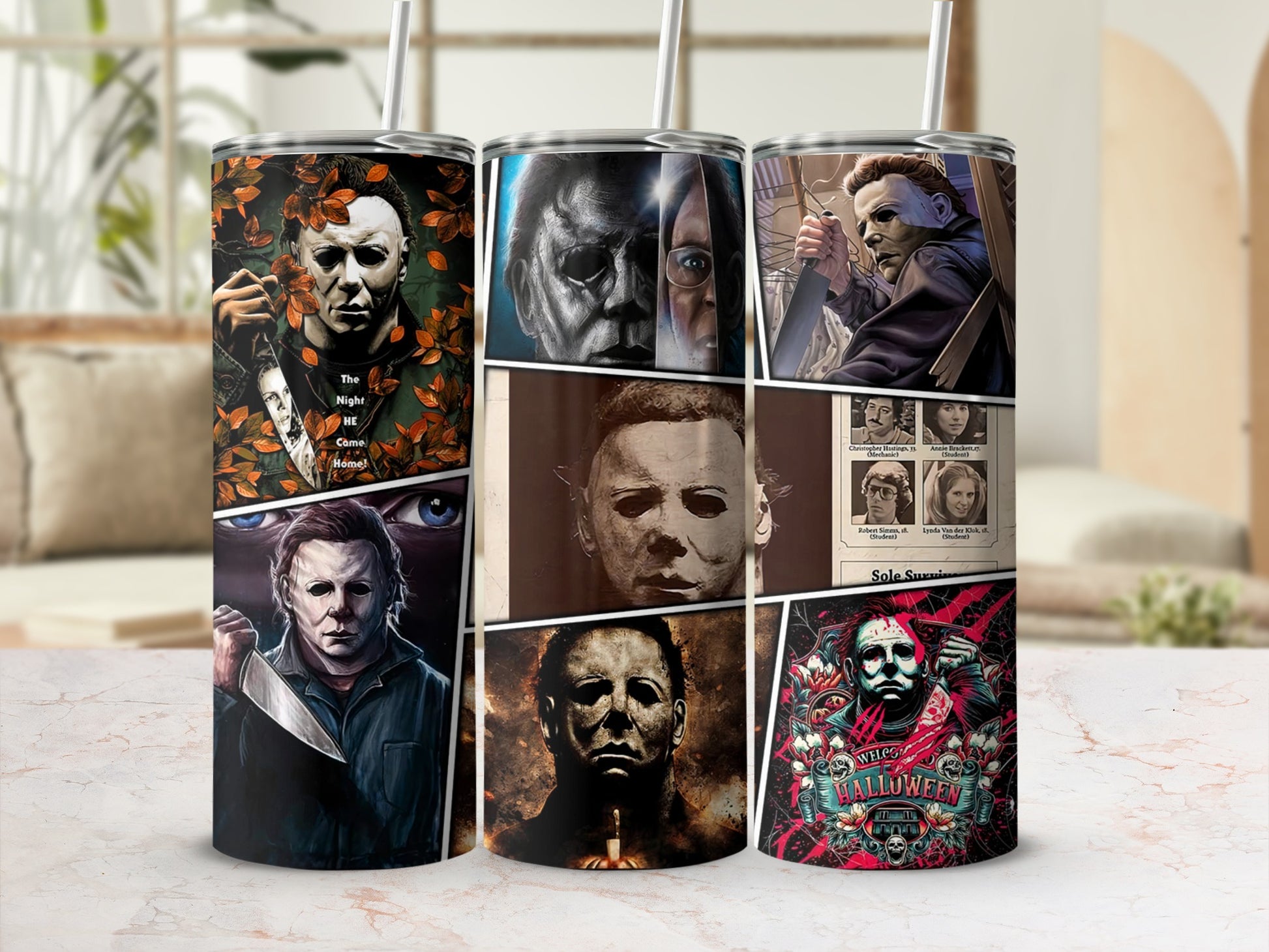 Tumbler featuring collage of Michael Myers from Halloween movies with text.