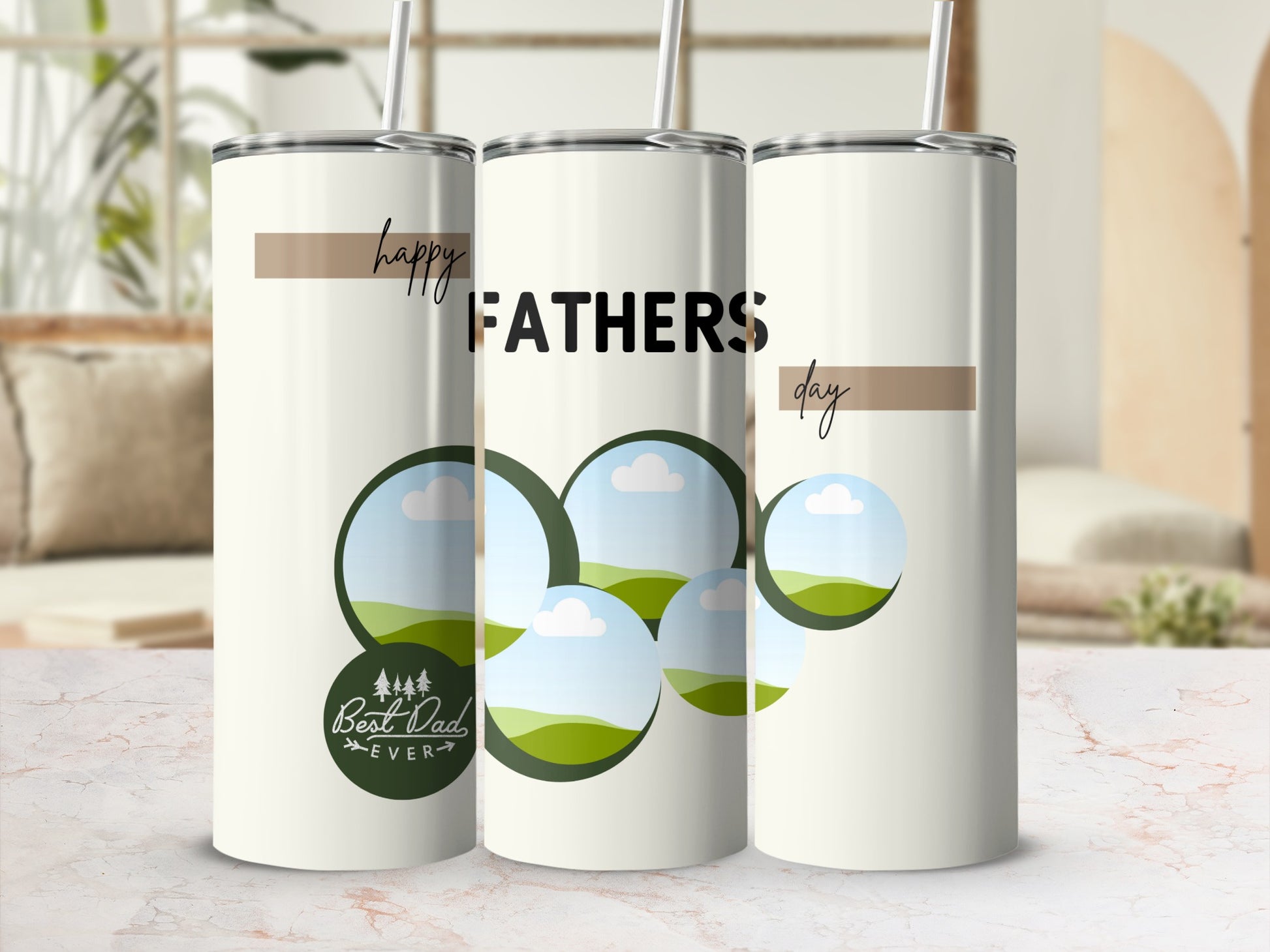 Tumblers with "Happy Fathers Day" and "Best Dad Ever" text with landscape circles.