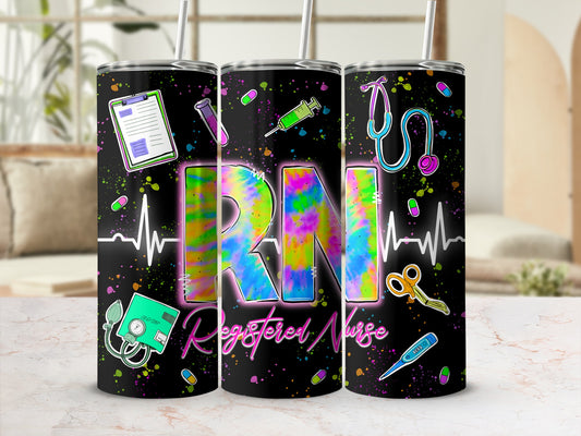 RN Registered Nurse tumbler with colorful tie-dye design and medical icons.