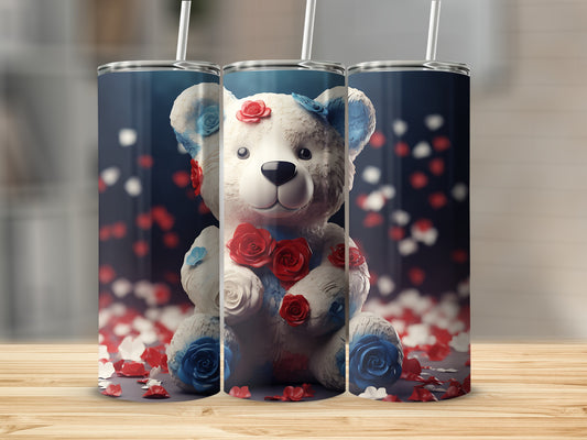 Three teddy bear tumblers decorated with red and blue roses.