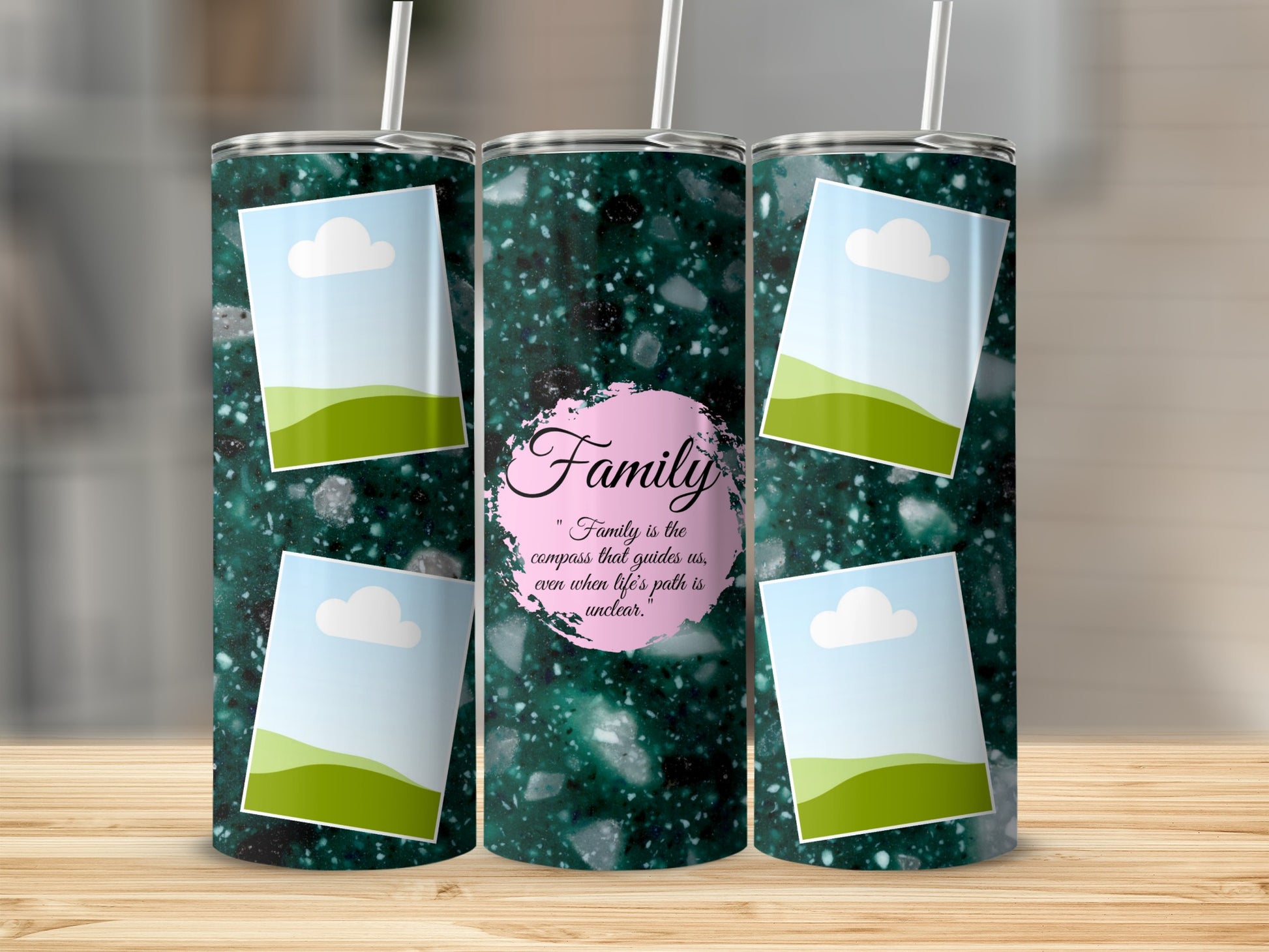 Dark green speckled tumbler with photo placeholders and "Family" quote.