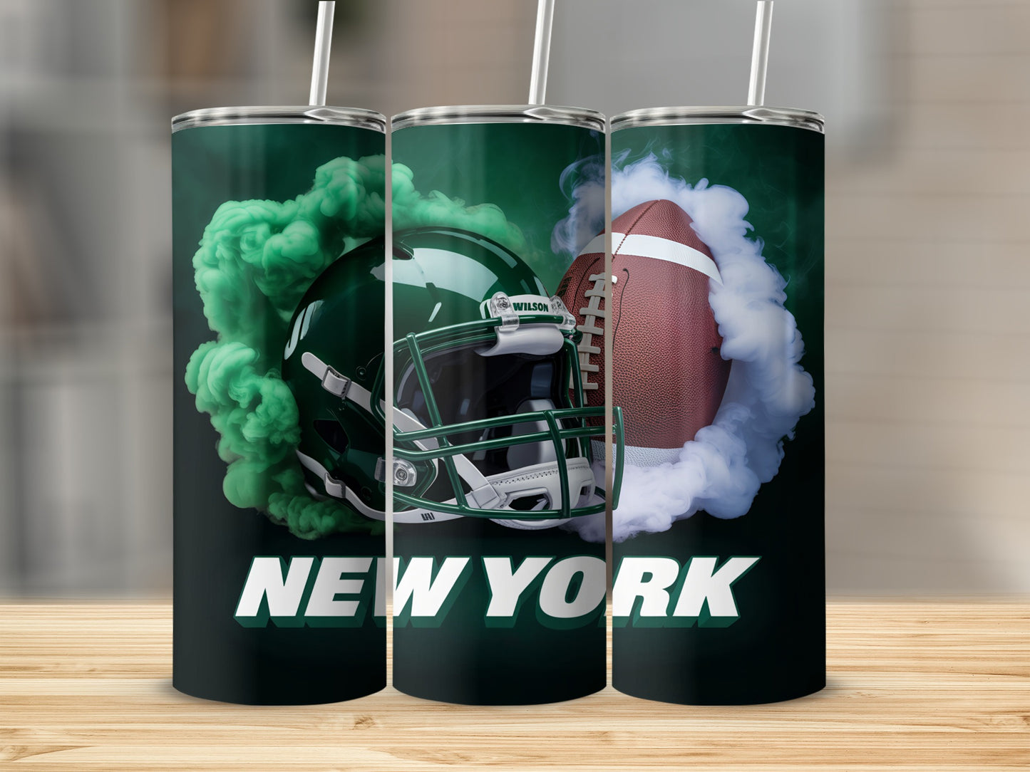 New York Jets helmet and football with green and white smoke.