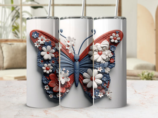 White tumblers with a red, white, and blue floral butterfly design.