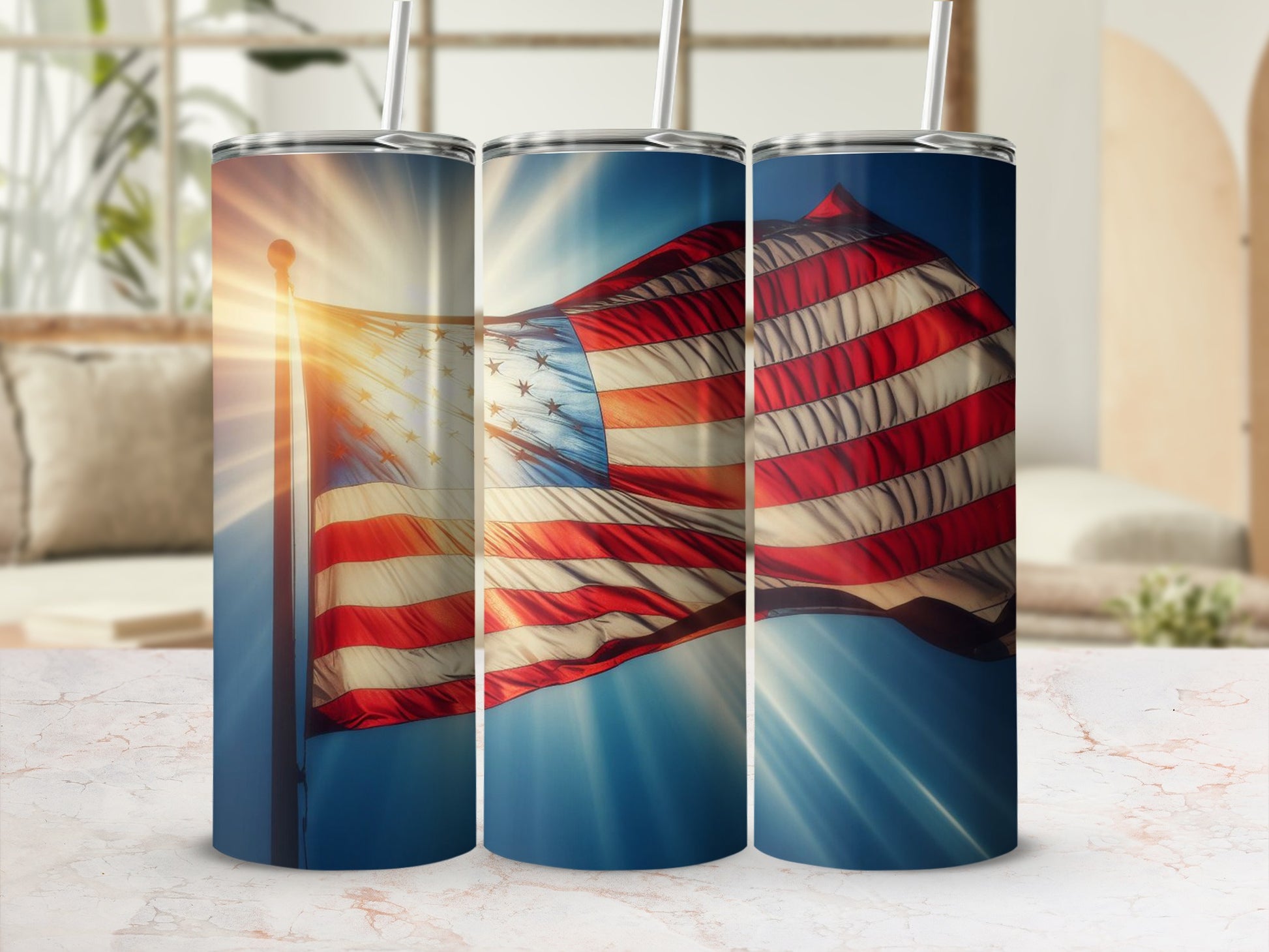 USA flag wrap on a tumbler, with sunlight and blue sky.