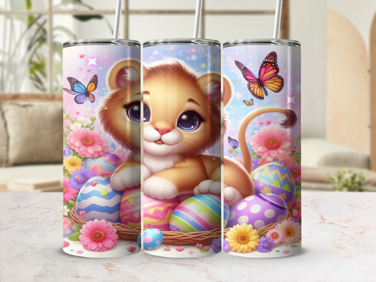 Lion cub with Easter eggs and butterflies in a basket.