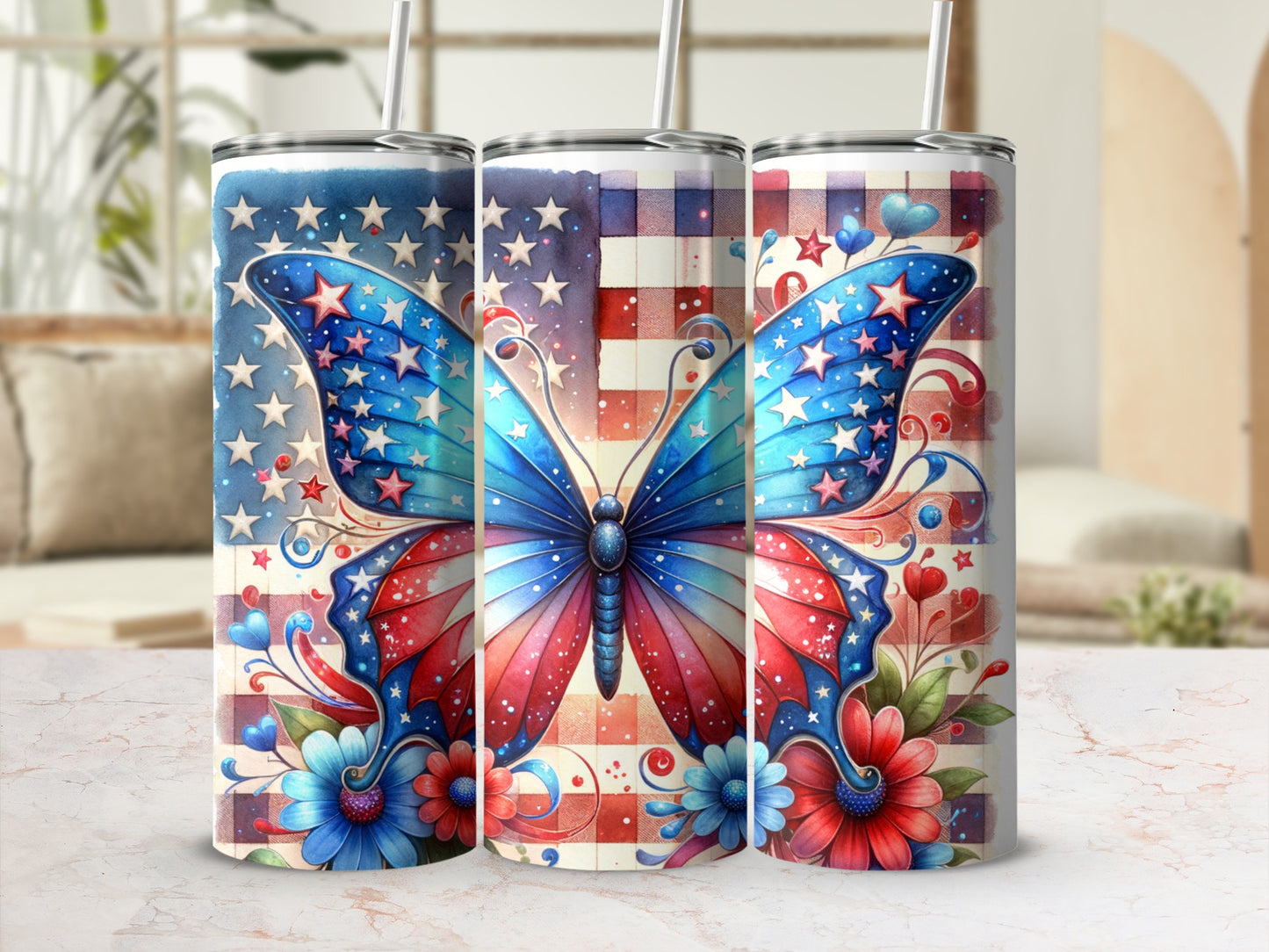 American flag butterfly with flowers on a plaid background.