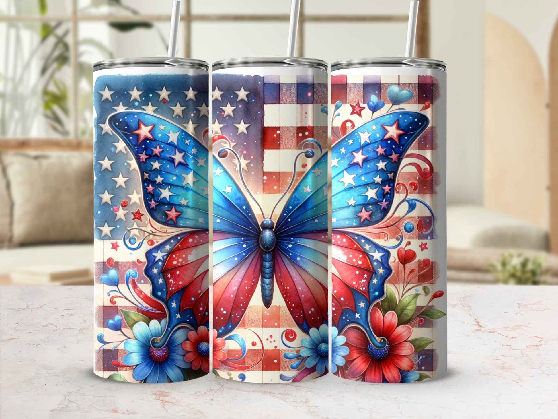 American flag butterfly with flowers on a plaid background.