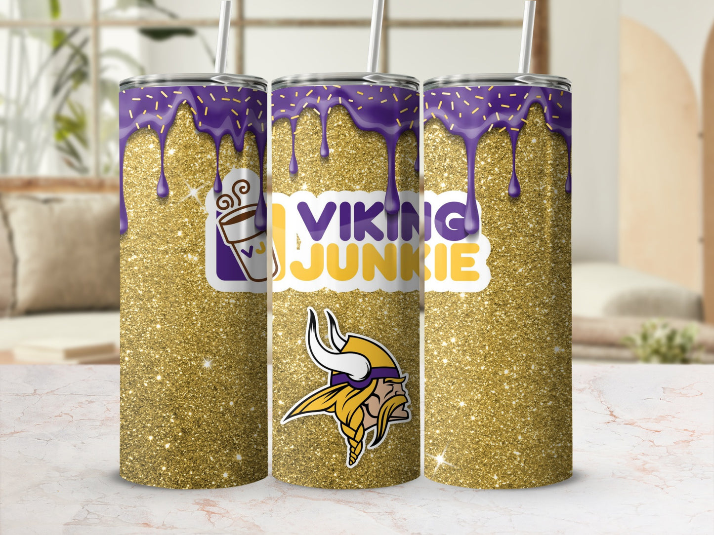 Viking Junkie Glitter Tumbler with Purple Drip Design