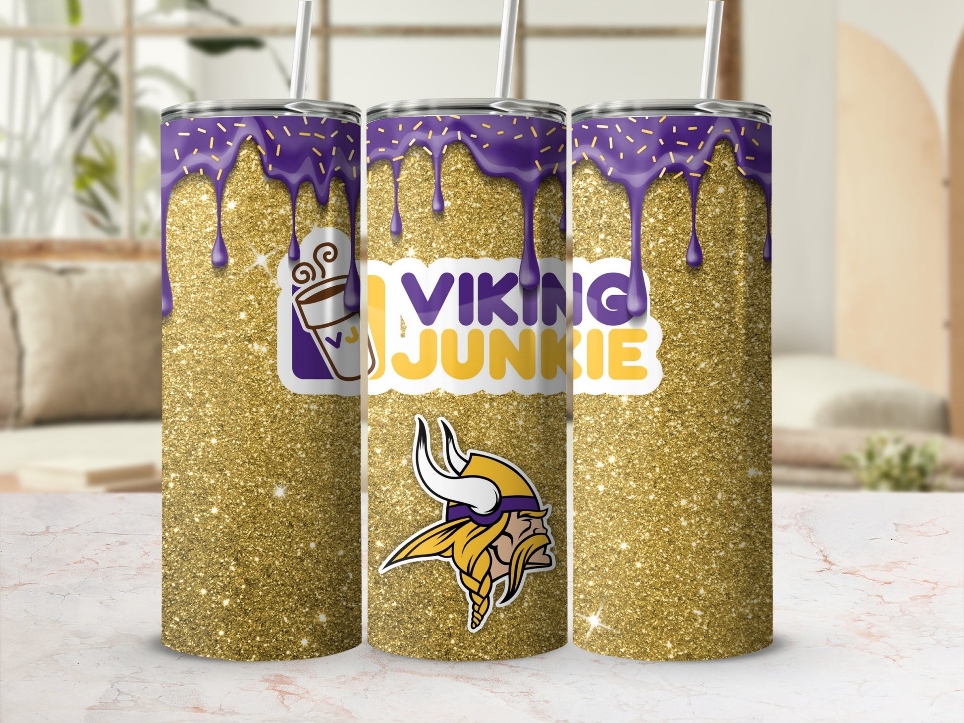 Viking Junkie Glitter Tumbler with Purple Drip Design
