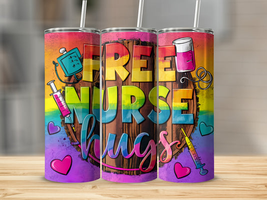 Rainbow "Free Nurse Hugs" tumbler with medical symbols and hearts.