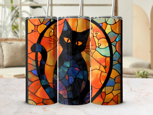 Black cat with yellow eyes in a stained glass design tumbler.