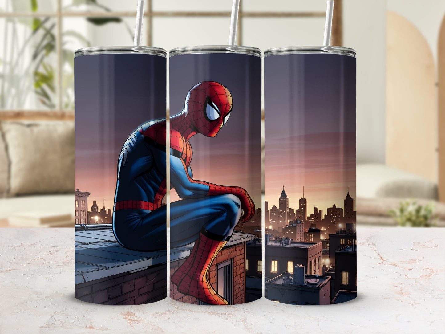Spiderman sitting on a rooftop overlooking a city at dusk.