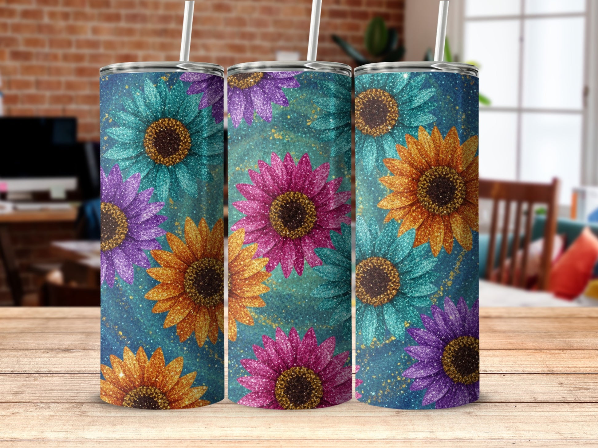 Glittery Vibrant Sunflower Design Insulated Tumbler