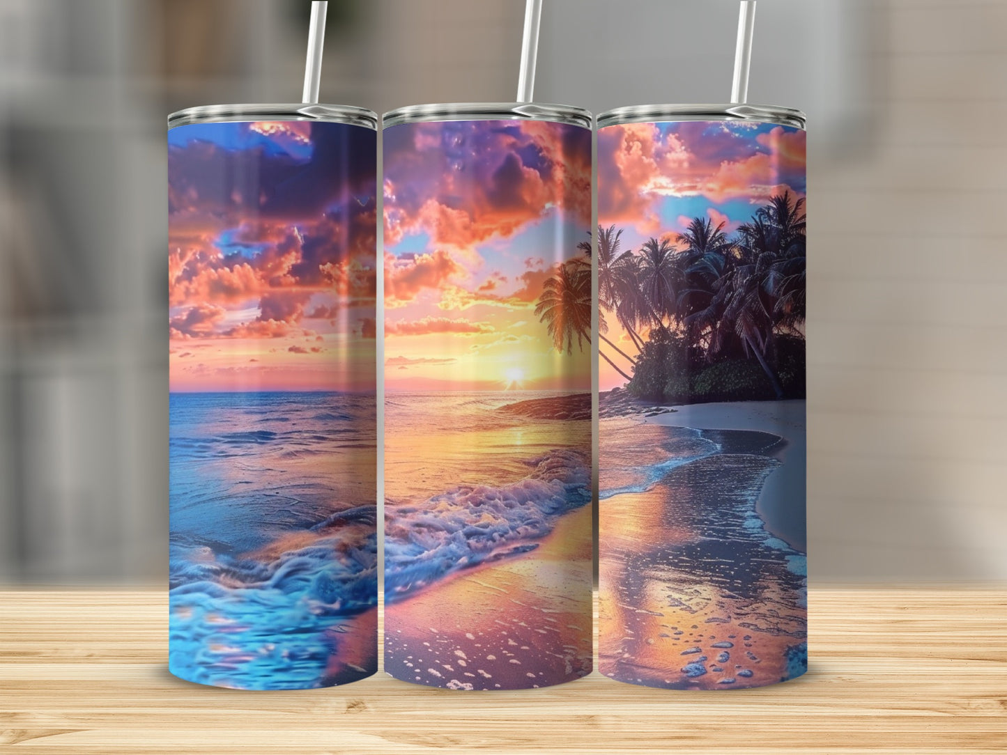Three tumblers showcasing a tropical beach sunset scene with palm trees.