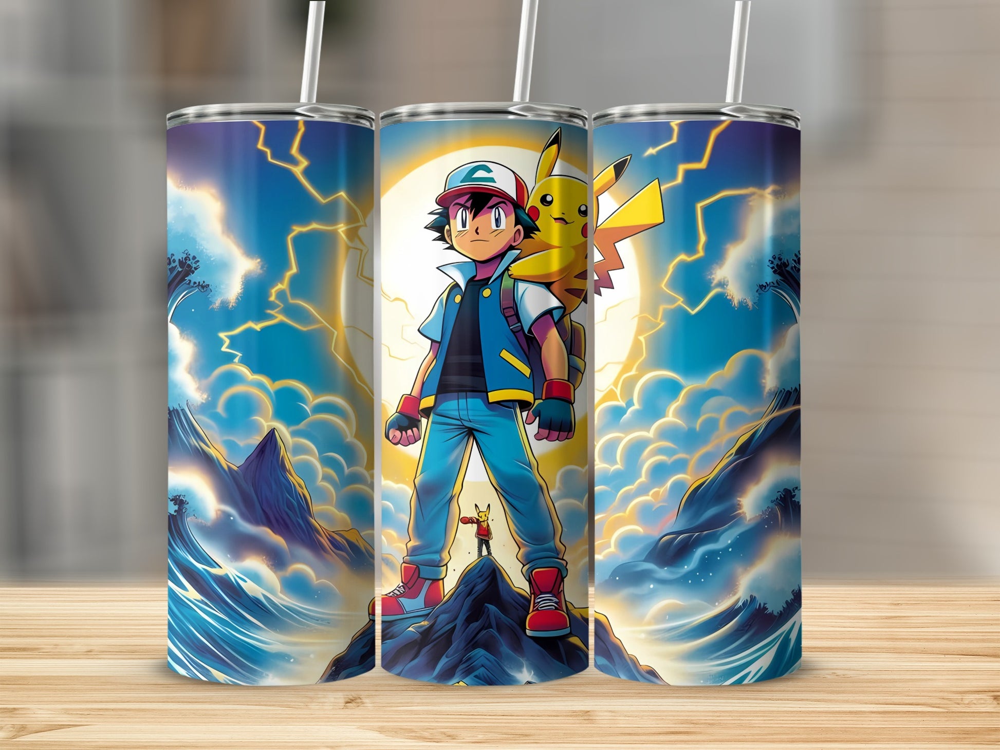 Energetic Ash and Pikachu Themed Tumbler for Fans