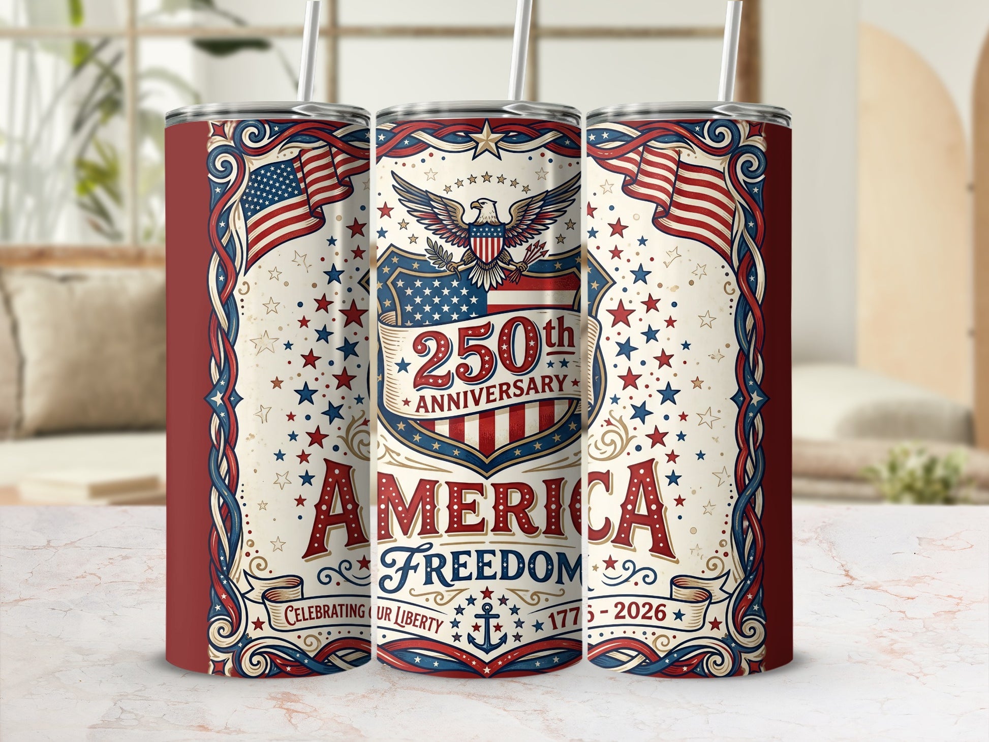 250th Anniversary America Freedom tumbler celebrating liberty 1775-2026.