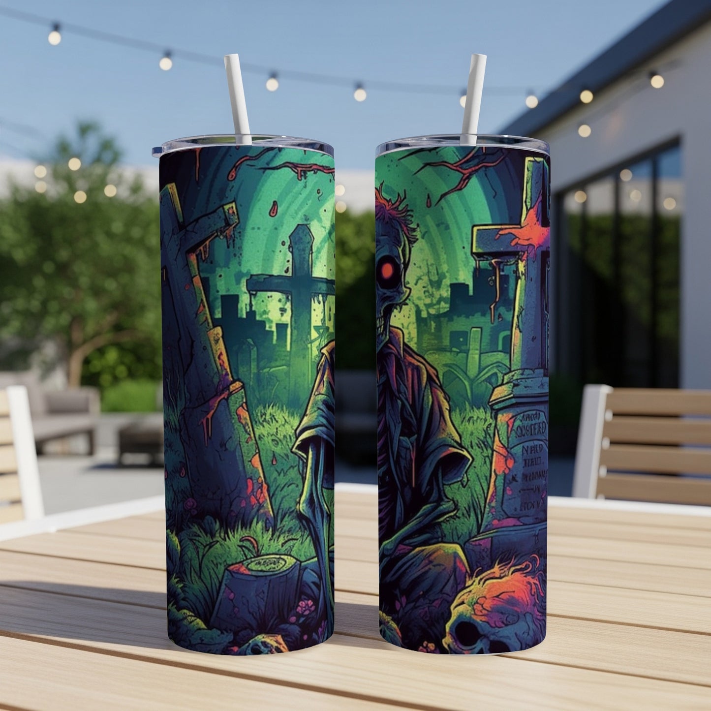 Two tumblers with a zombie in a graveyard illustrated design.