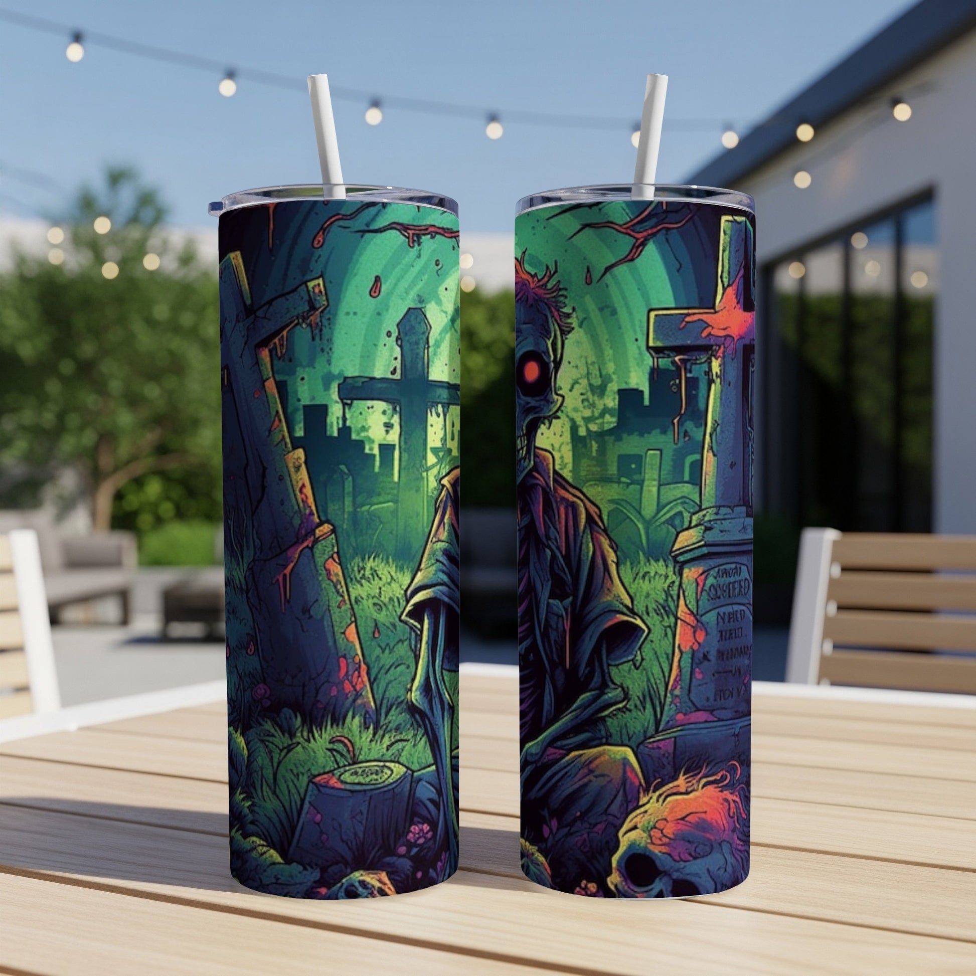 Two tumblers with a zombie in a graveyard illustrated design.