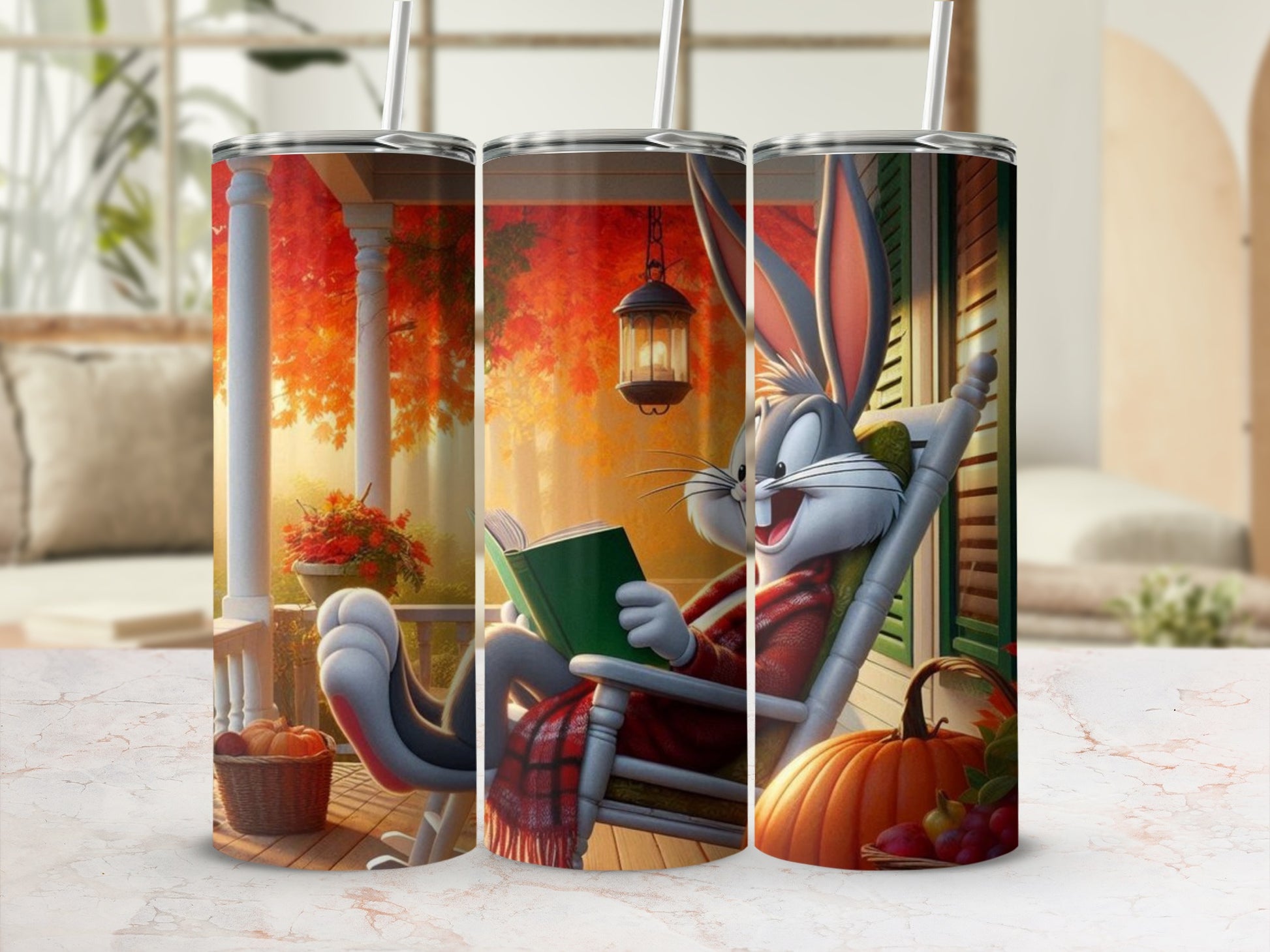 Autumn Themed Cartoon Rabbit Tumbler Beverage Cup