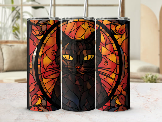 Black cat with yellow eyes within a stained-glass sunburst design.