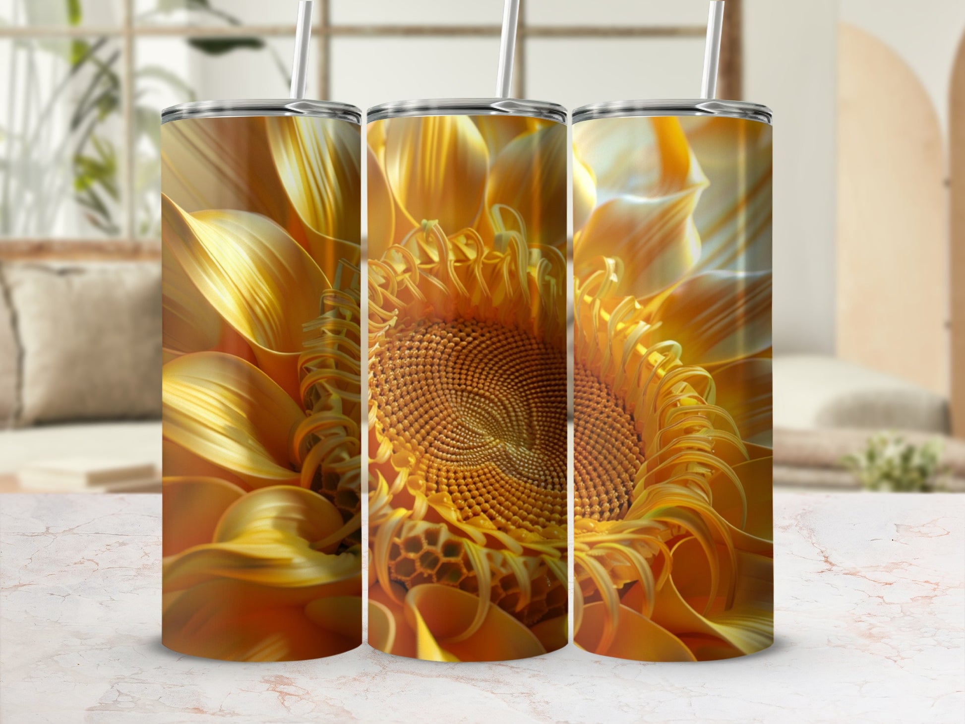 Three close-up tumblers featuring a vibrant sunflower detail.