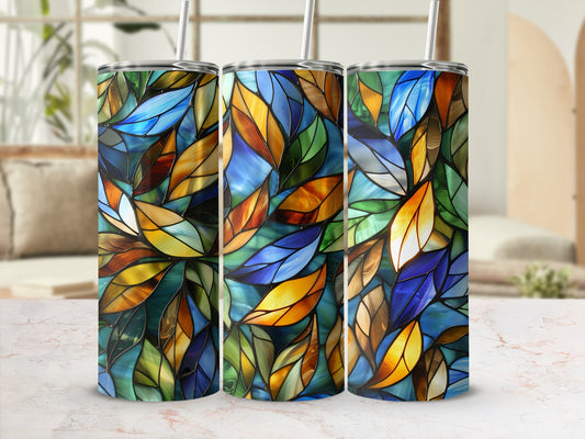 Three tumblers with stained glass leaf pattern.