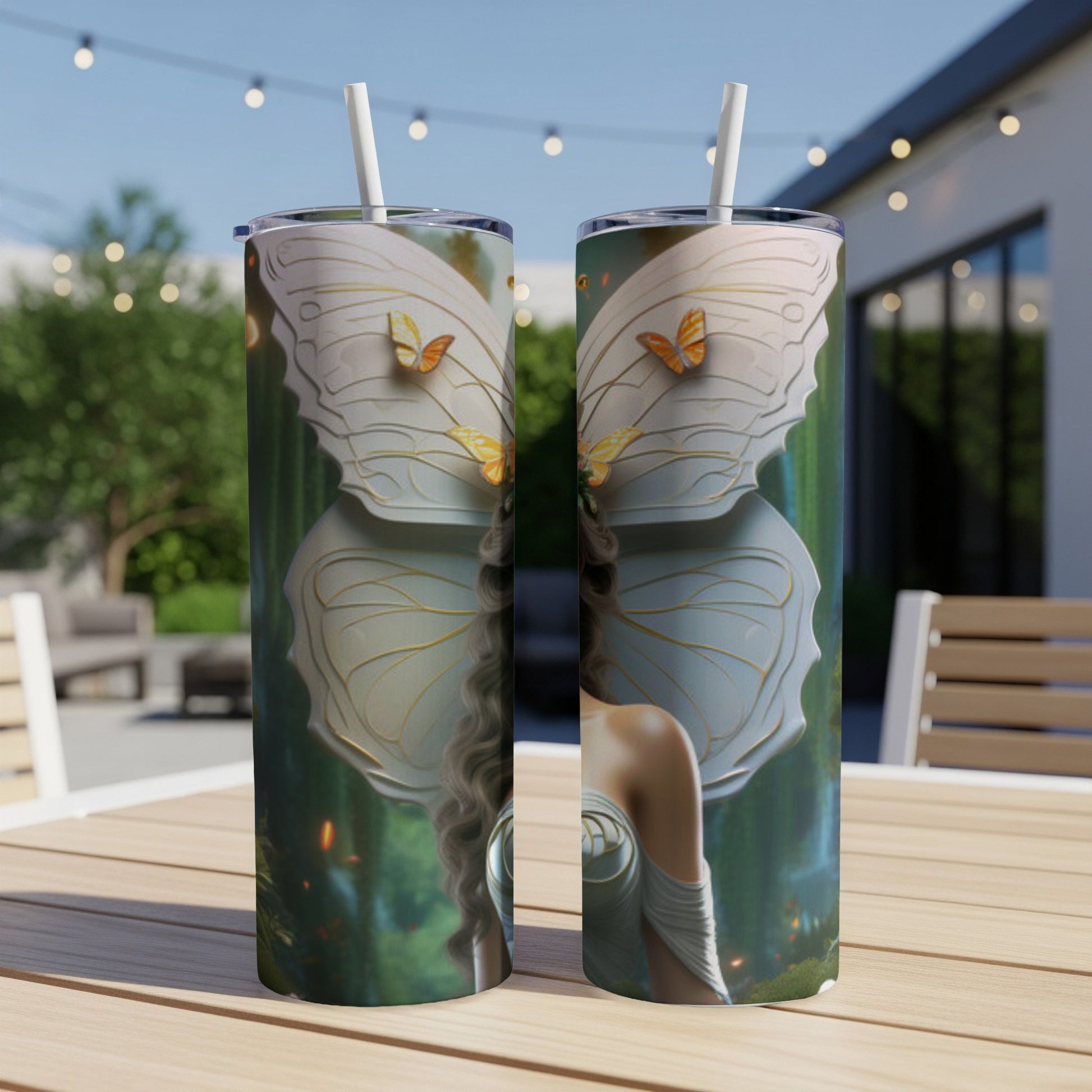 Two tumblers with a fairy-wing design featuring a woman's face and braided hair.