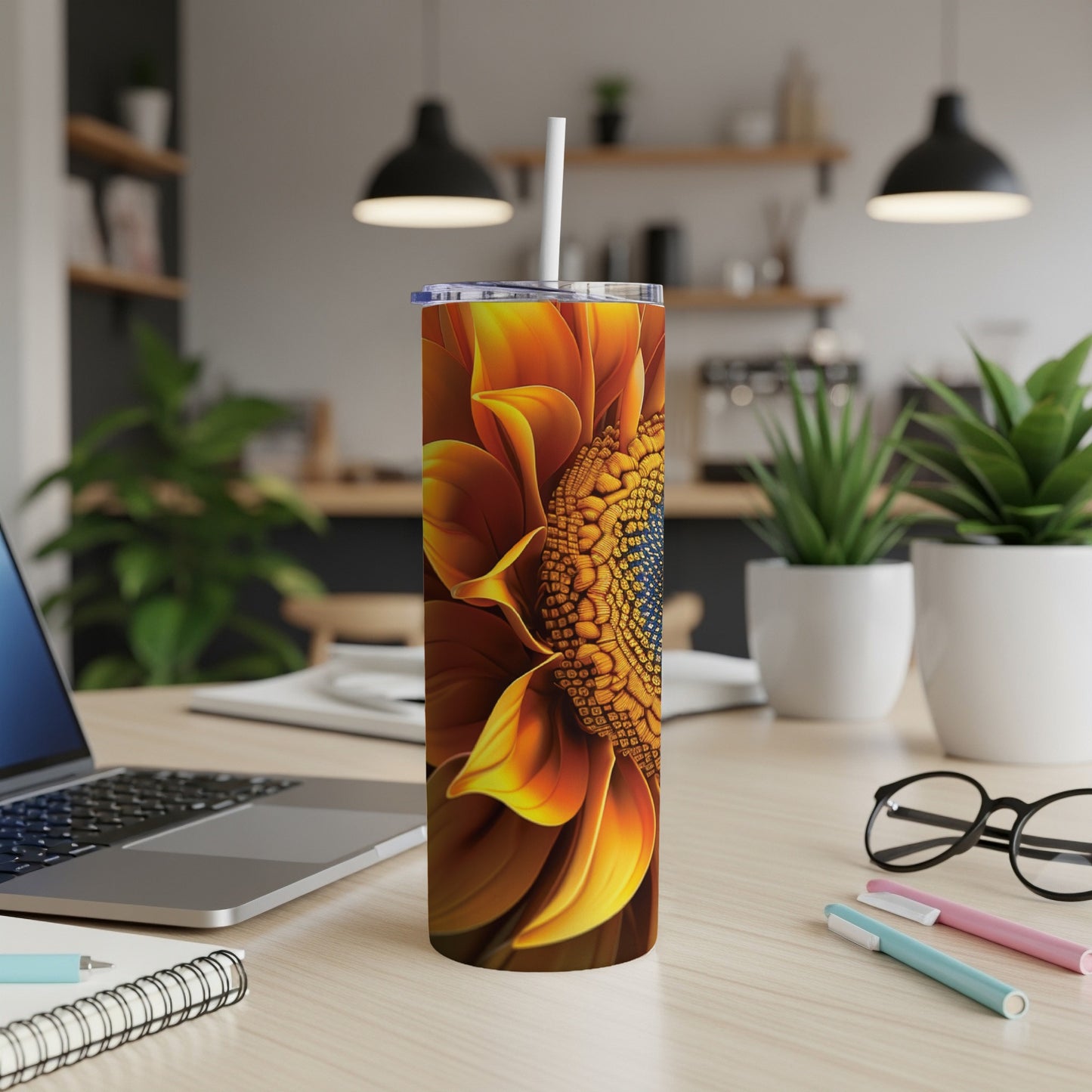 Tall tumbler with a detailed sunflower design.