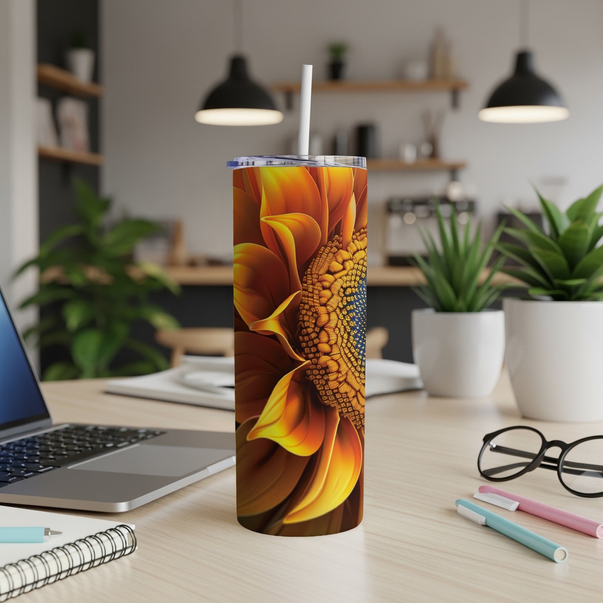 Tall tumbler with a detailed sunflower design.